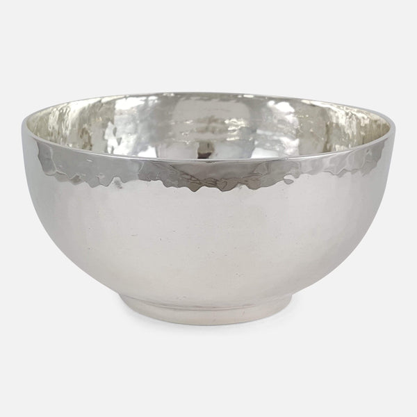 the sterling silver hammered Arts & Crafts style bowl viewed from the front