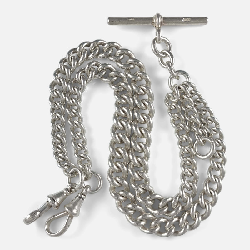 the antique sterling silver double Albert watch chain viewed from above