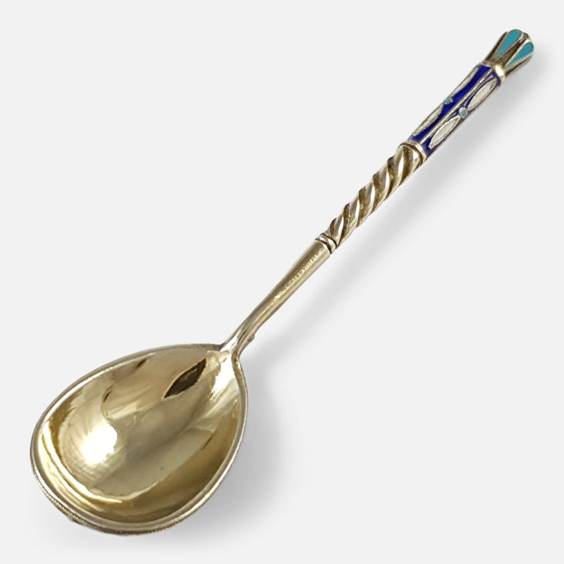 the silver spoon viewed diagonally with the bowl to the forefront