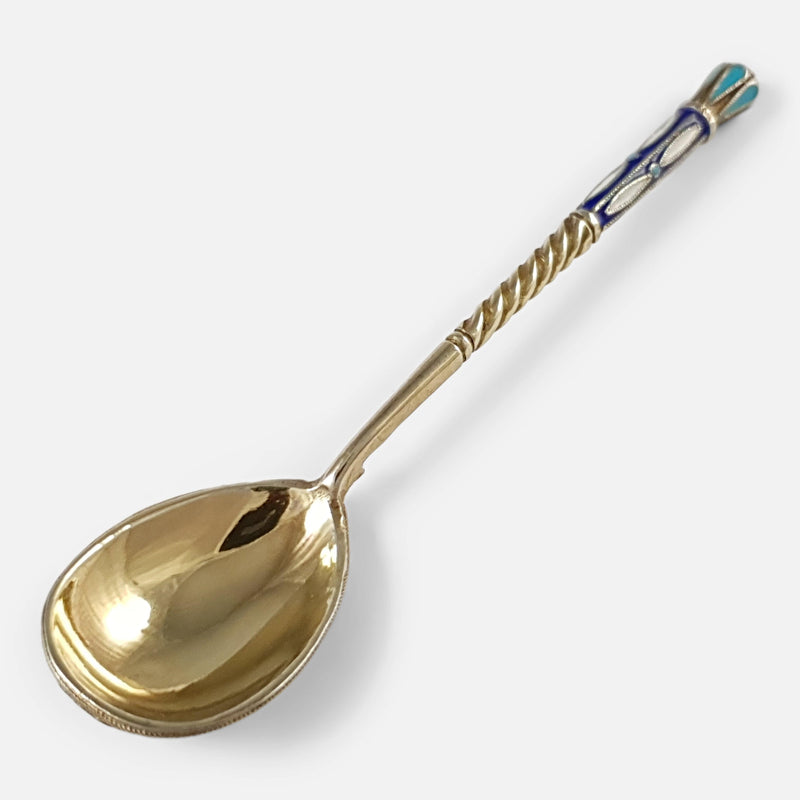 the spoon viewed diagonally with bowl face up towards the foreground