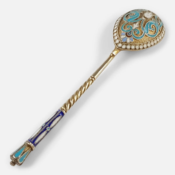 the imperial russian silver and enamel coffee spoon viewed from the back