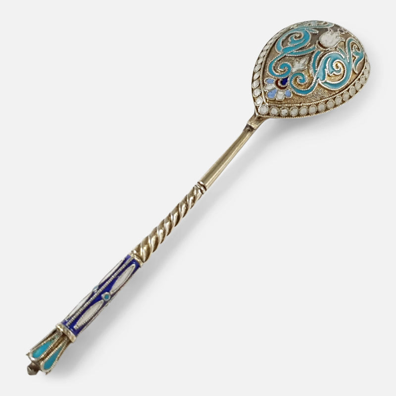 the imperial Russian silver-gilt and enamel coffee spoon face down with enamel on view