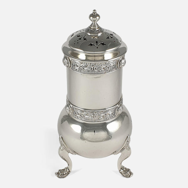the Irish sterling silver sugar caster viewed from a slightly raised angle