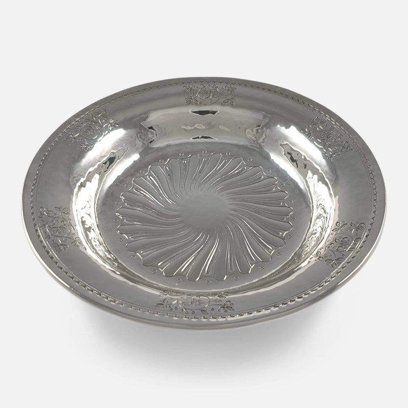 the sterling silver dish viewed from the front at a raised angle