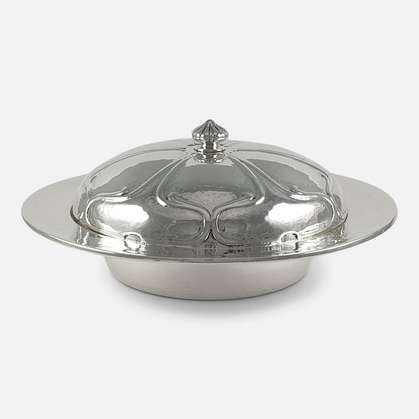 the Art Nouveau sterling silver muffin dish designed by Oliver Baker viewed from the front