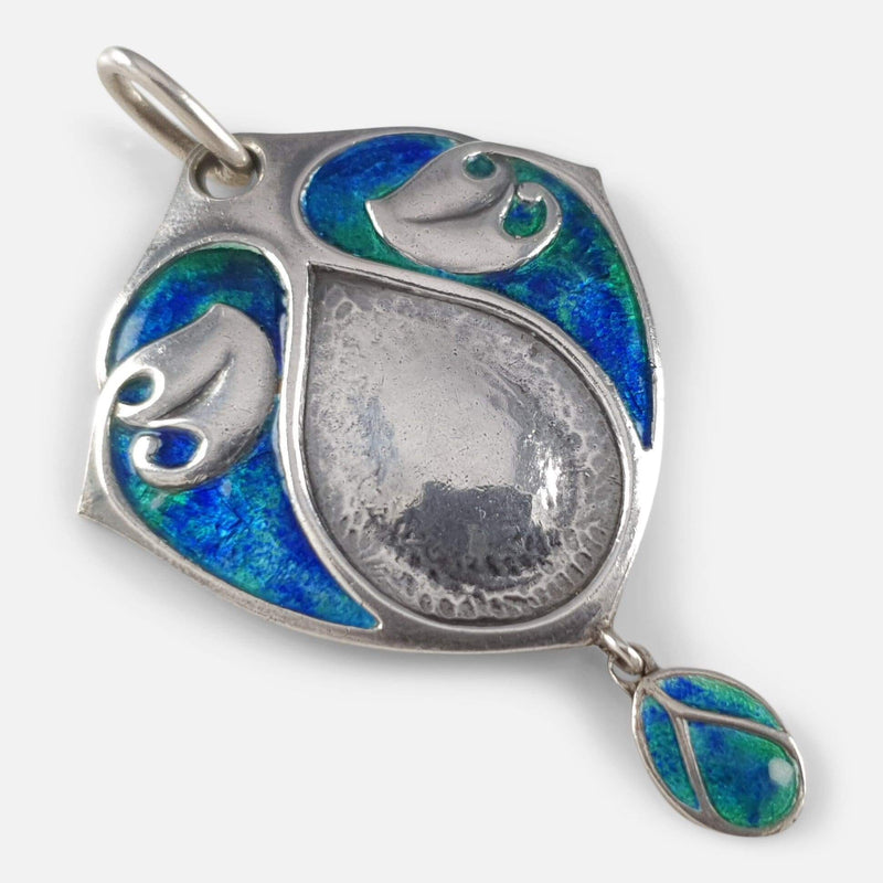 the Arts & Crafts silver and enamel drop pendant viewed diagonally