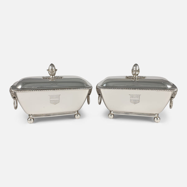 Pair of Georgian silver sauce tureens viewed from the front