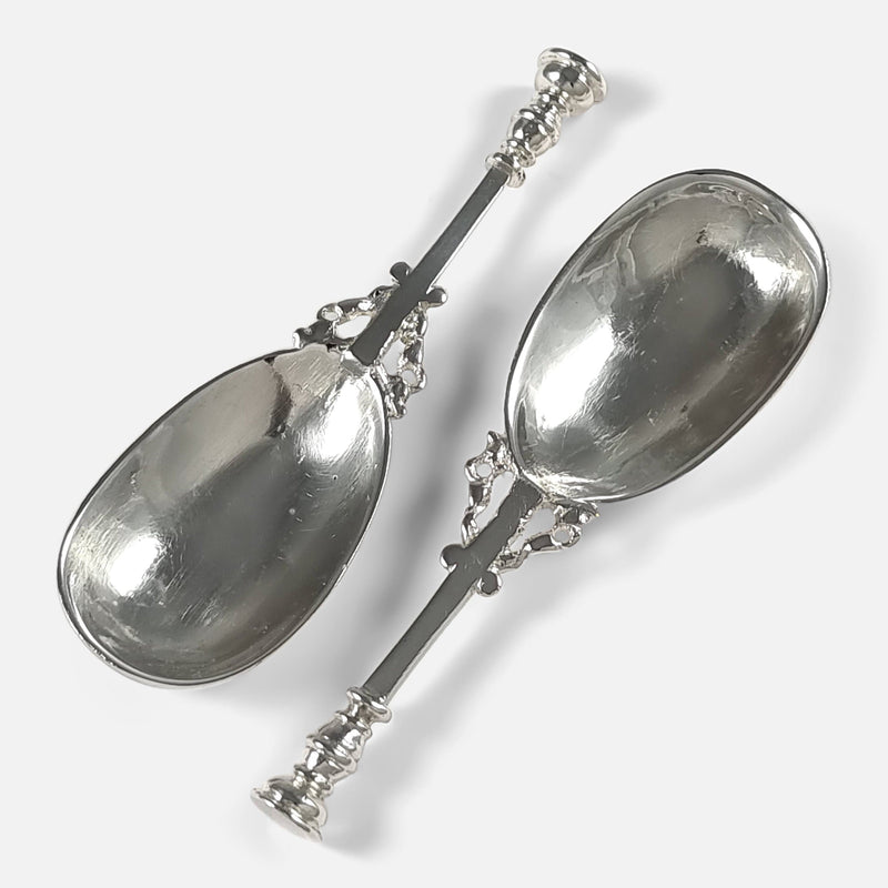 a birds eye view of the tea caddy spoons facing in opposite directions