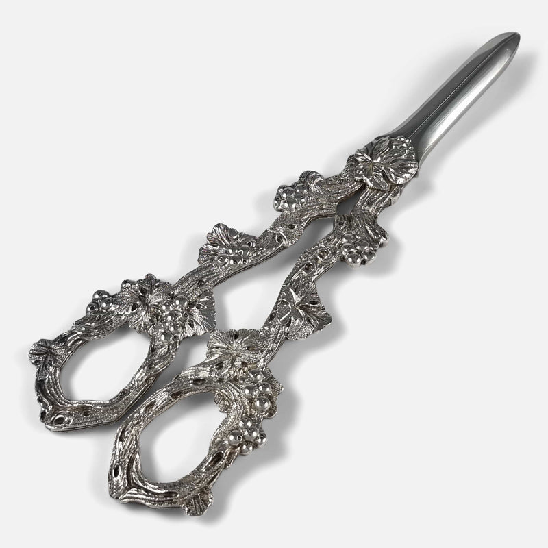 the grape scissors viewed diagonally with handles to the forefront