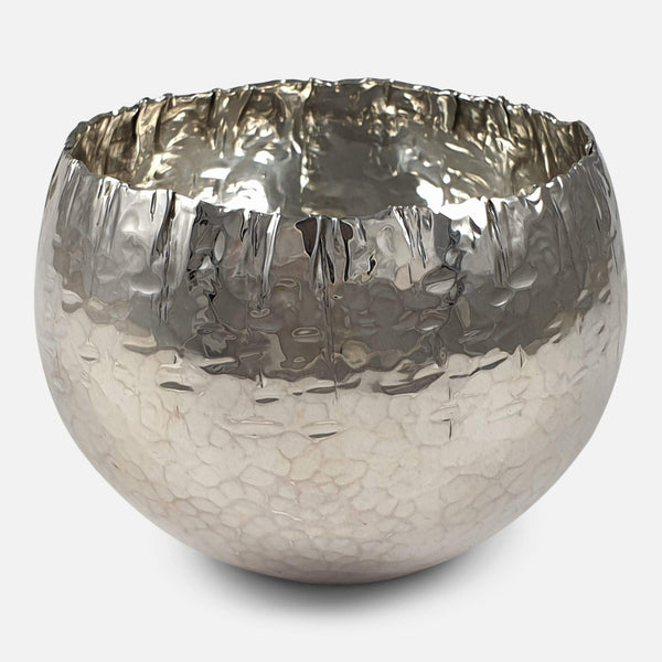 the hammered silver bowl viewed from the front