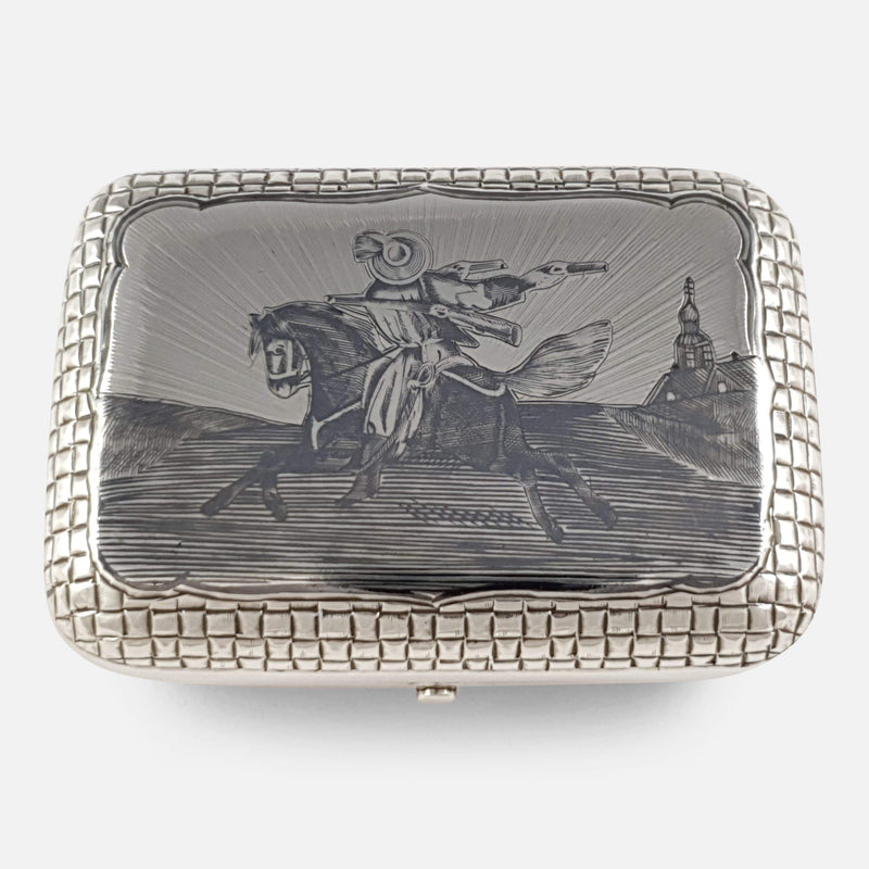 the Russian silver and niello cigarette box viewed from above
