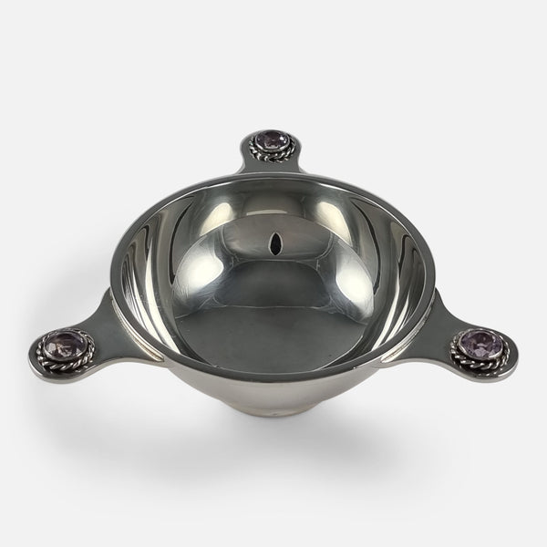 the Scottish sterling silver 3 handled Quaich viewed from a raised perspective