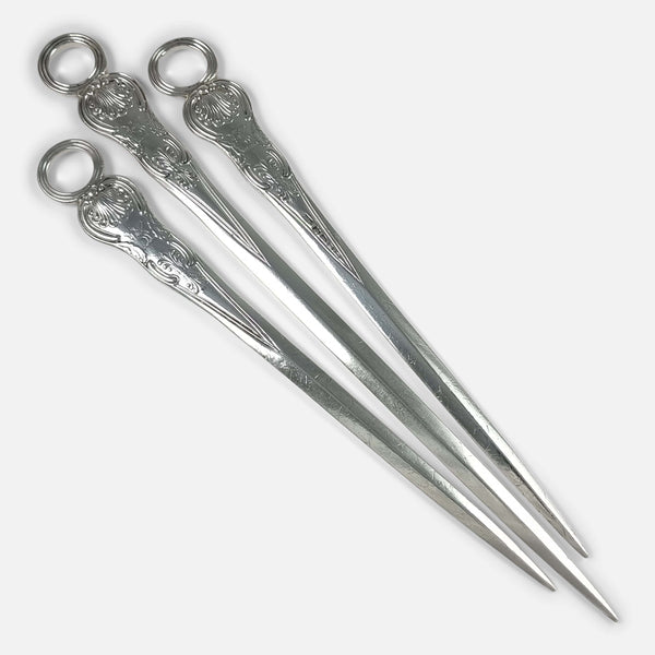 the set of Georgian silver Kings pattern Meat skewers, viewed diagonally