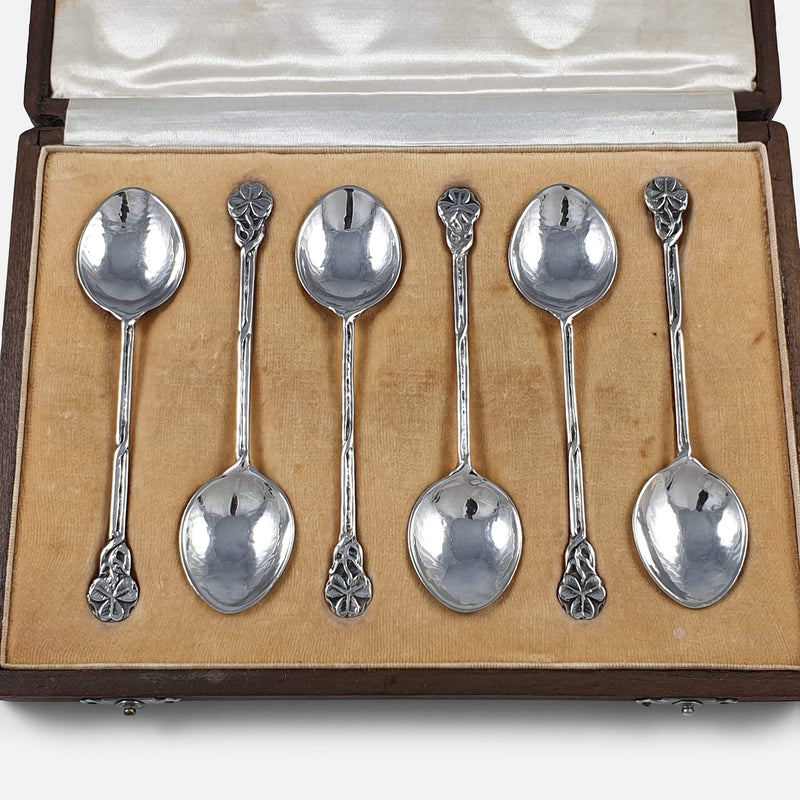the 6 sterling silver teaspoons viewed in their case