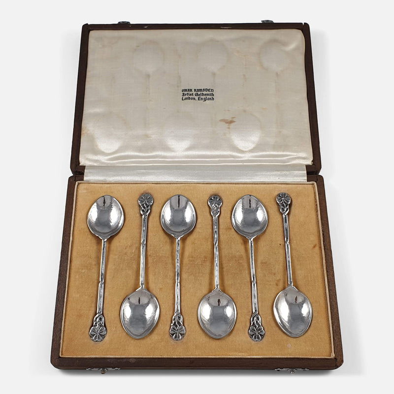 Set of 6 Arts and Crafts Style Silver Teaspoons, Omar Ramsden, viewed in the case