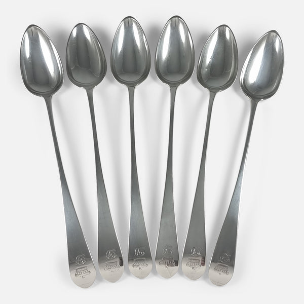 the set of 6 George III Scottish silver Celtic-point basting spoons viewed from above