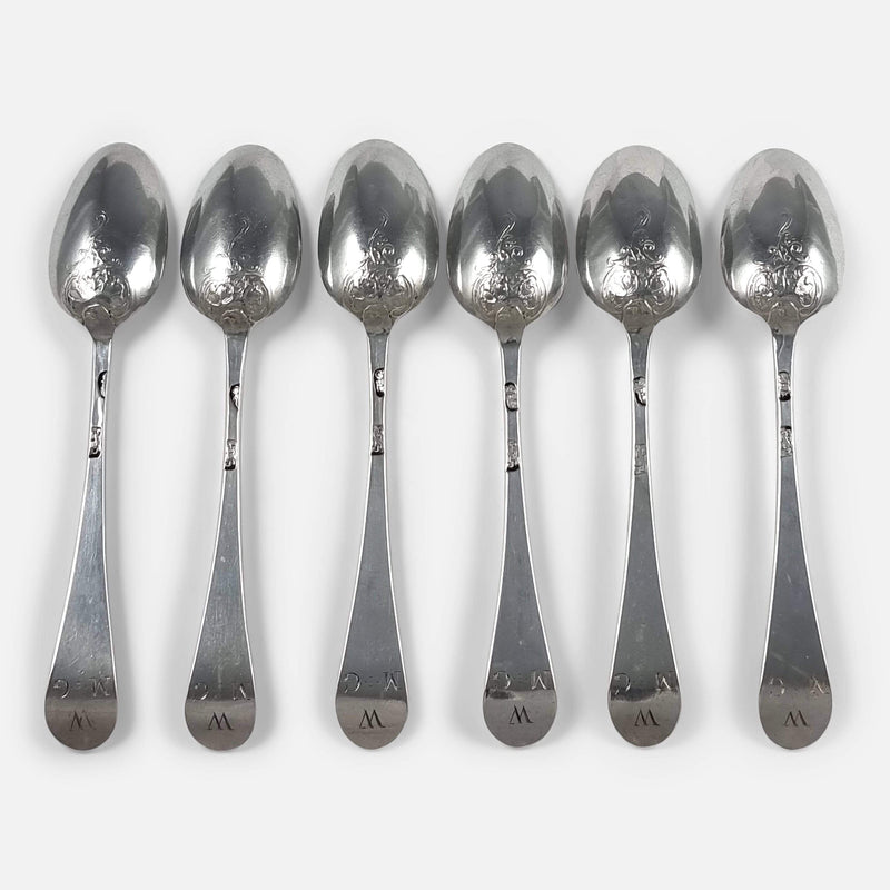 the set of 6 George III fancy back silver teaspoons viewed from above 
