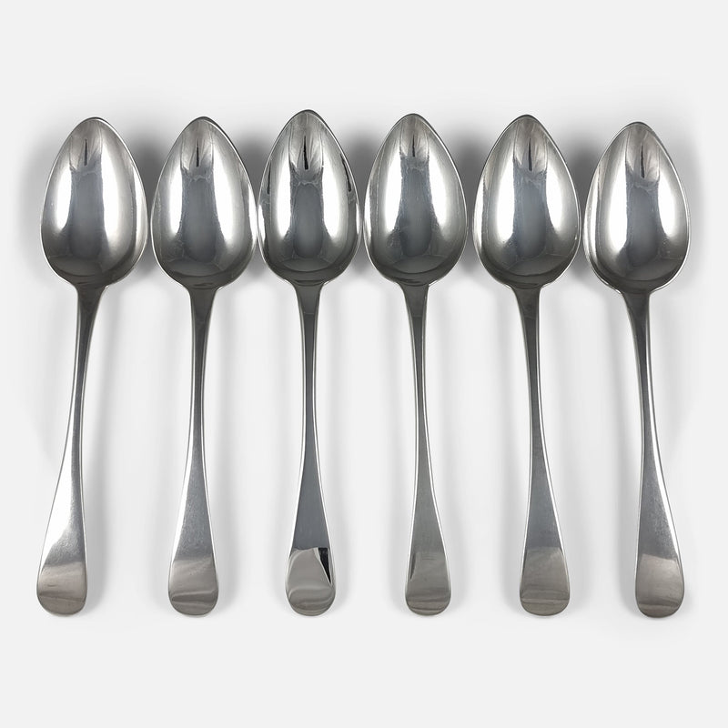 the set of 6 George III silver Old English Pattern dessert spoons viewed from above