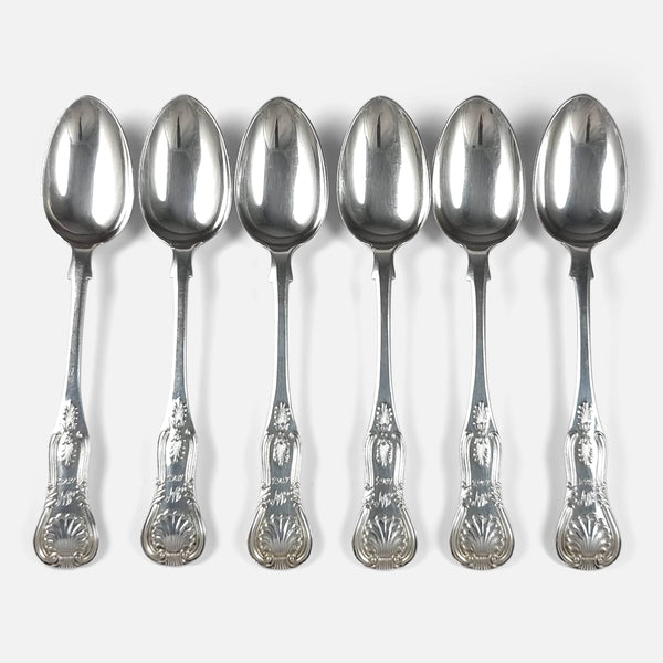 the set of 6 Victorian sterling silver Kings pattern teaspoons viewed from above