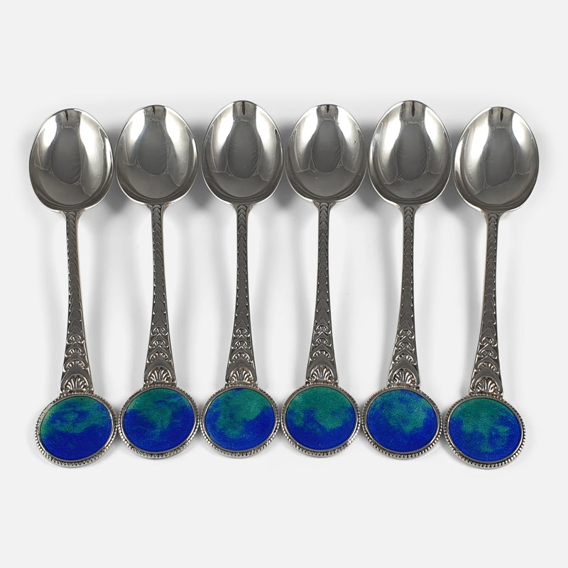 the sterling silver and enamel teaspoons viewed from the front