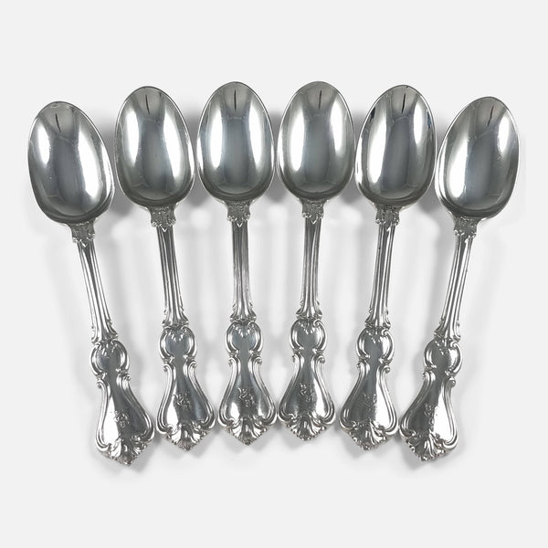the set of six Victorian sterling silver Albert pattern dessert spoons viewed from above