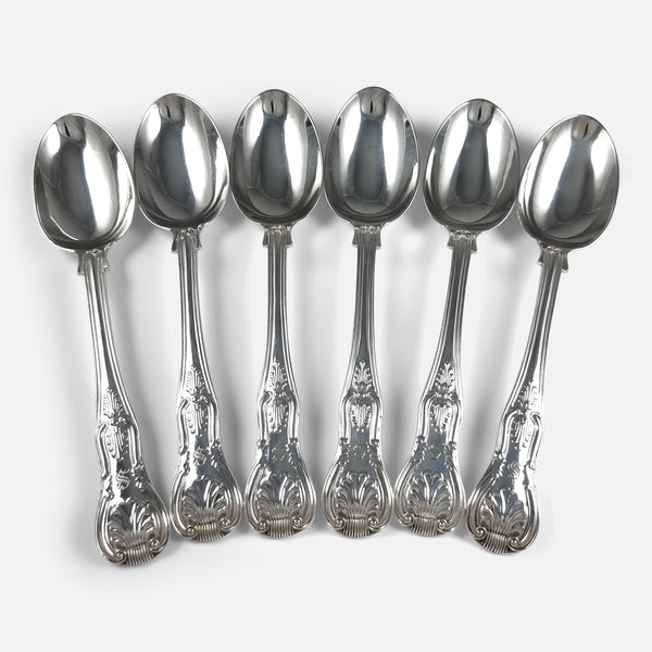 the set of 6 sterling silver Kings Pattern teaspoons viewed from above