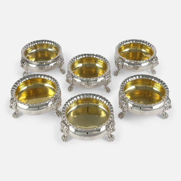 the set of 6 Scottish Sterling Silver Gilt Table salts viewed from a slightly raised position