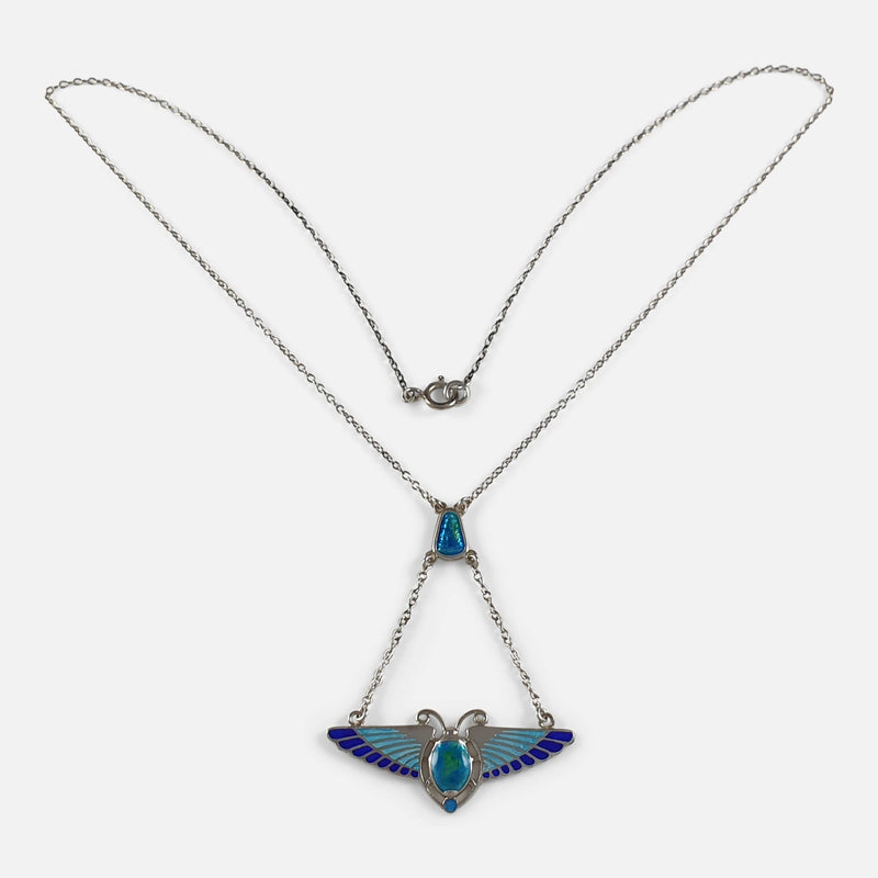 the Edwardian Charles Horner silver and enamel winged scarab pendant necklace viewed from the front