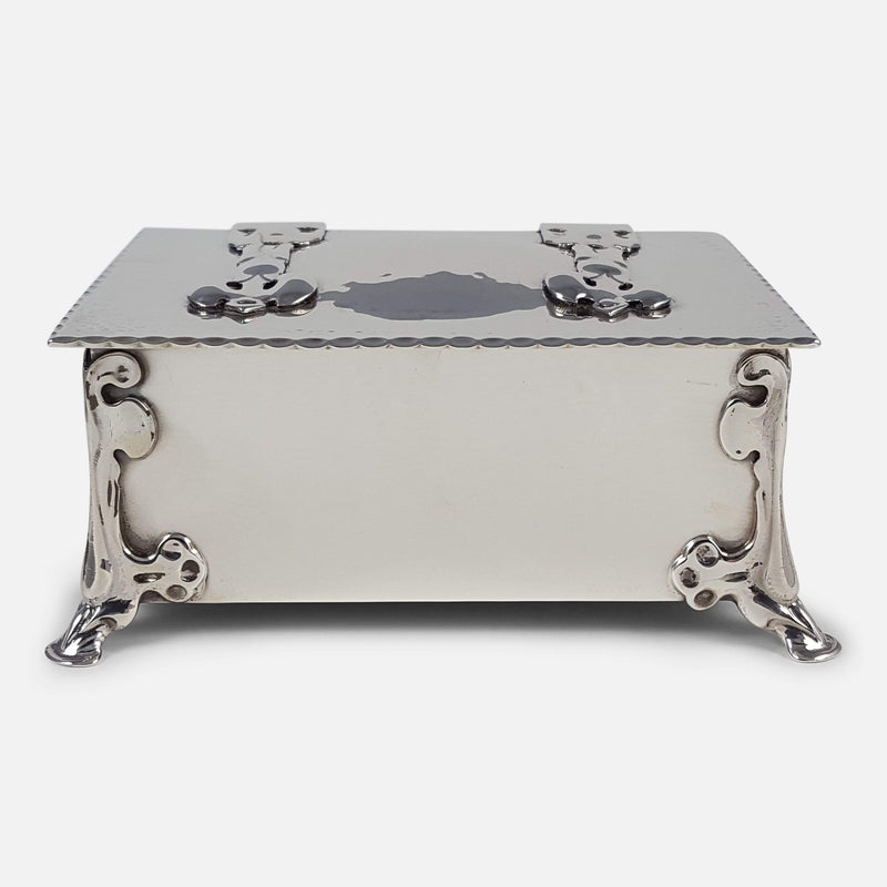 the sterling silver Arts and Crafts casket box viewed from the front