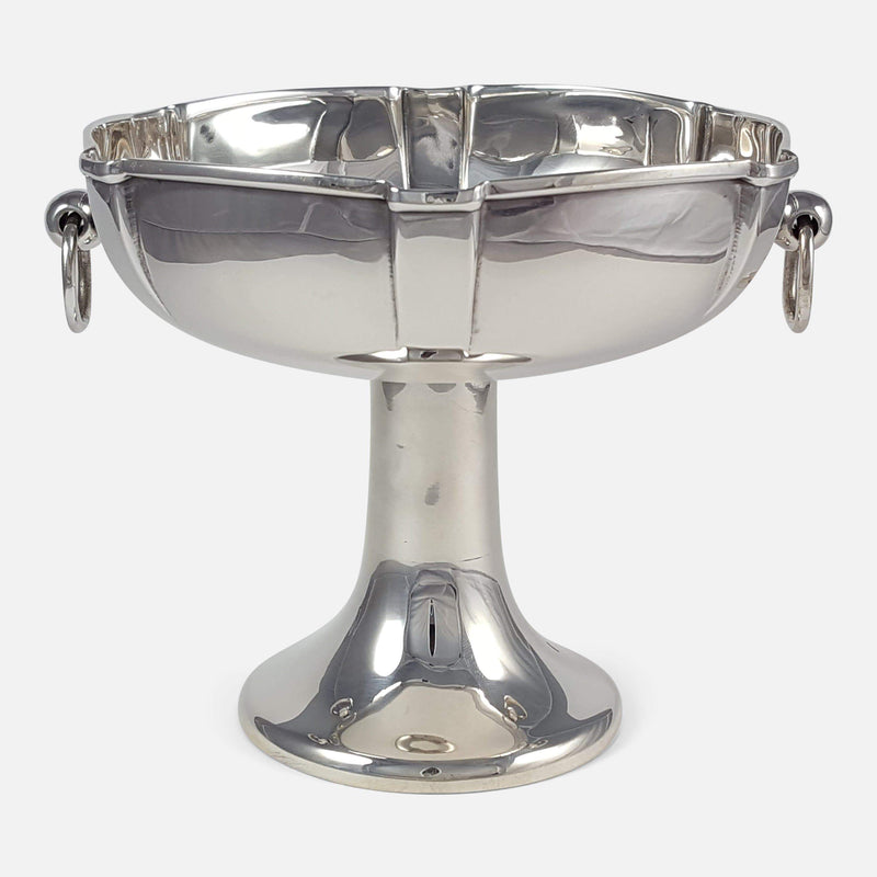 the sterling silver Arts and Crafts pedestal bowl William Hutton and Sons viewed from the front