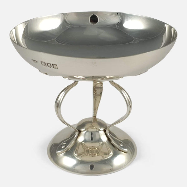 the Arts and Crafts silver bon bon dish viewed from the front