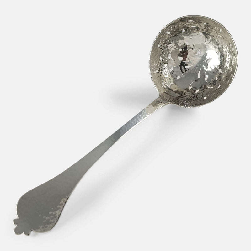 viewed along the length of the spoon at a diagonal angle with the bowl in the background