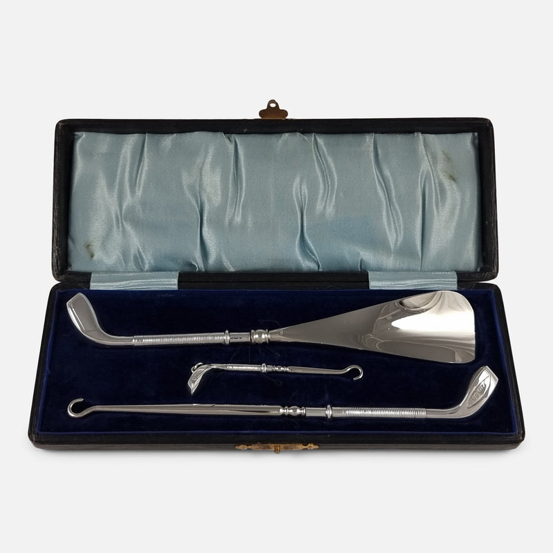 the shoe horn and dressing aid set viewed in their original case