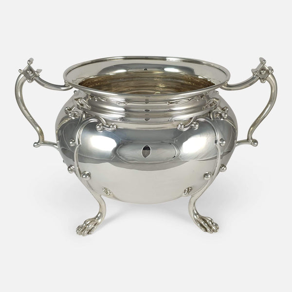 the silver twin handled bowl viewed from a slightly raised position