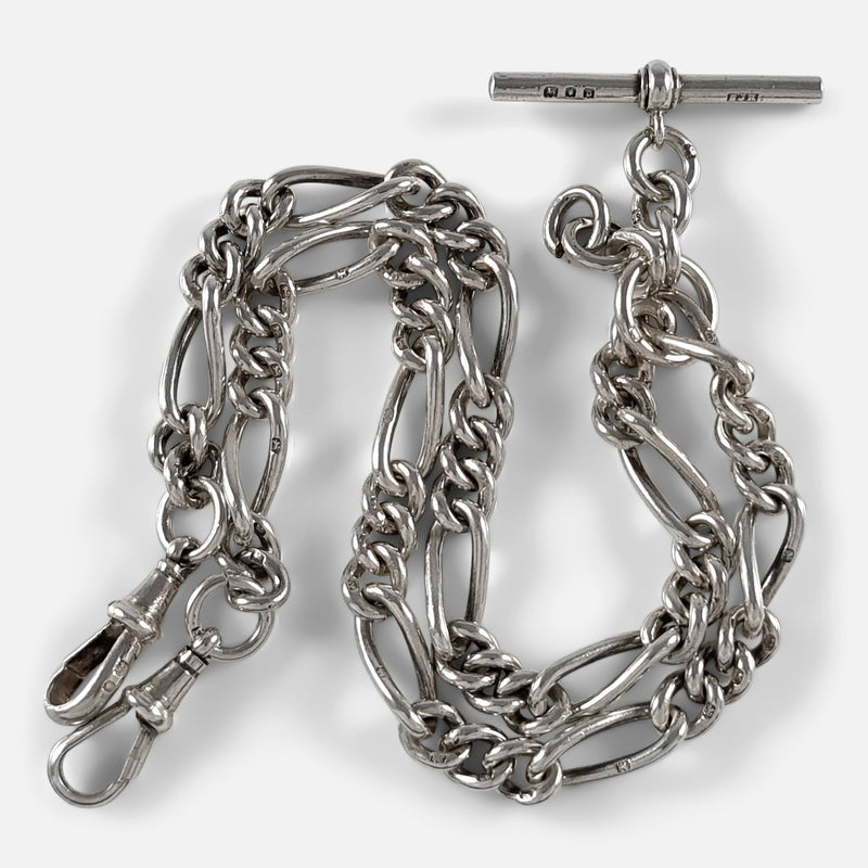 The antique sterling silver double albert watch chain viewed from above