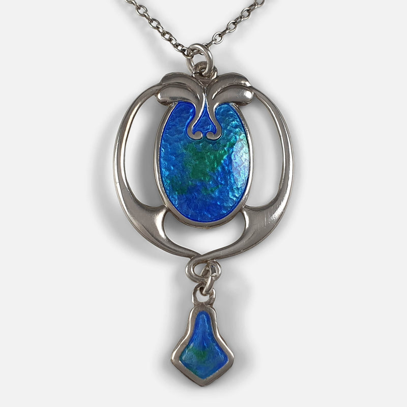 a view of the silver and enamel pendant from the front