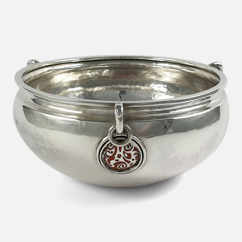 the Arts and Crafts silver and enamel revivalist movement bowl with enamel plaque in focus