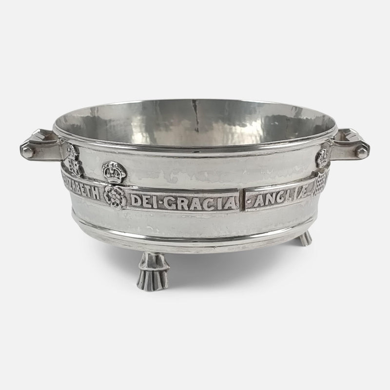 the Arts and Crafts style sterling silver bowl viewed from the front