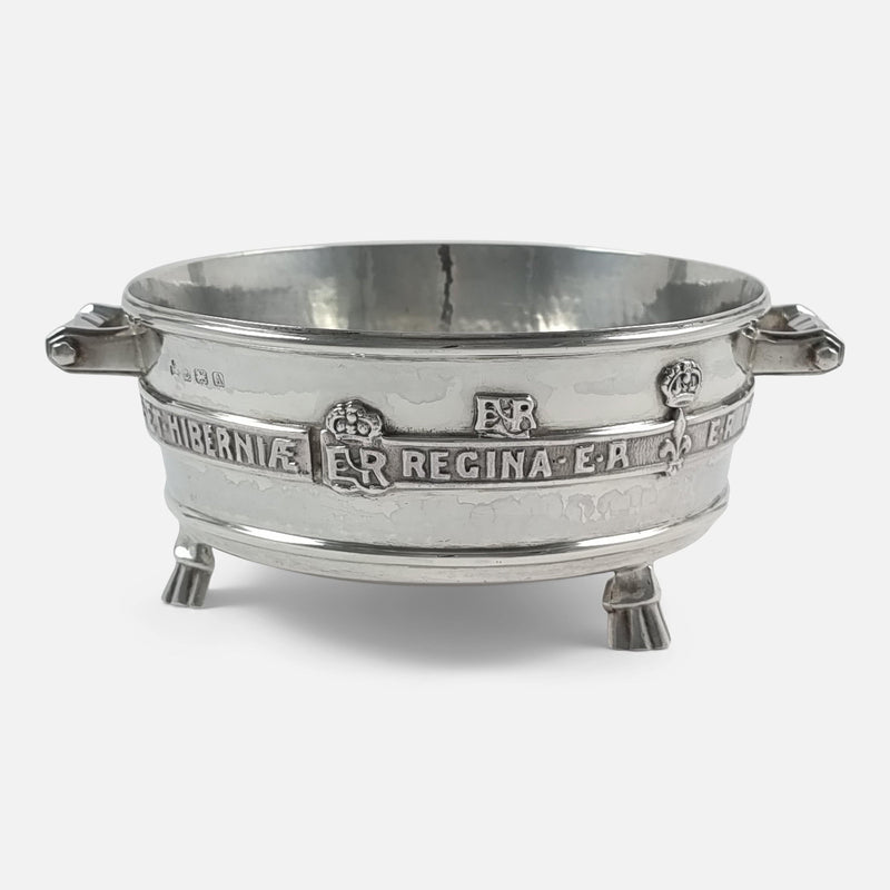a frontal view of the silver bowl