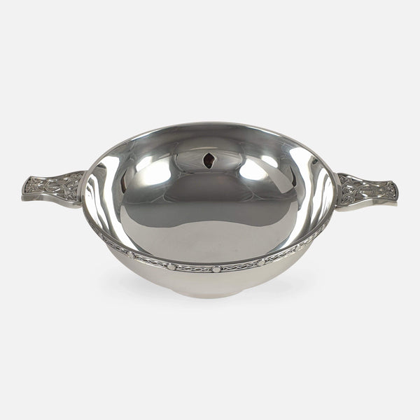 the sterling silver Celtic Style Quaich viewed from a raised position