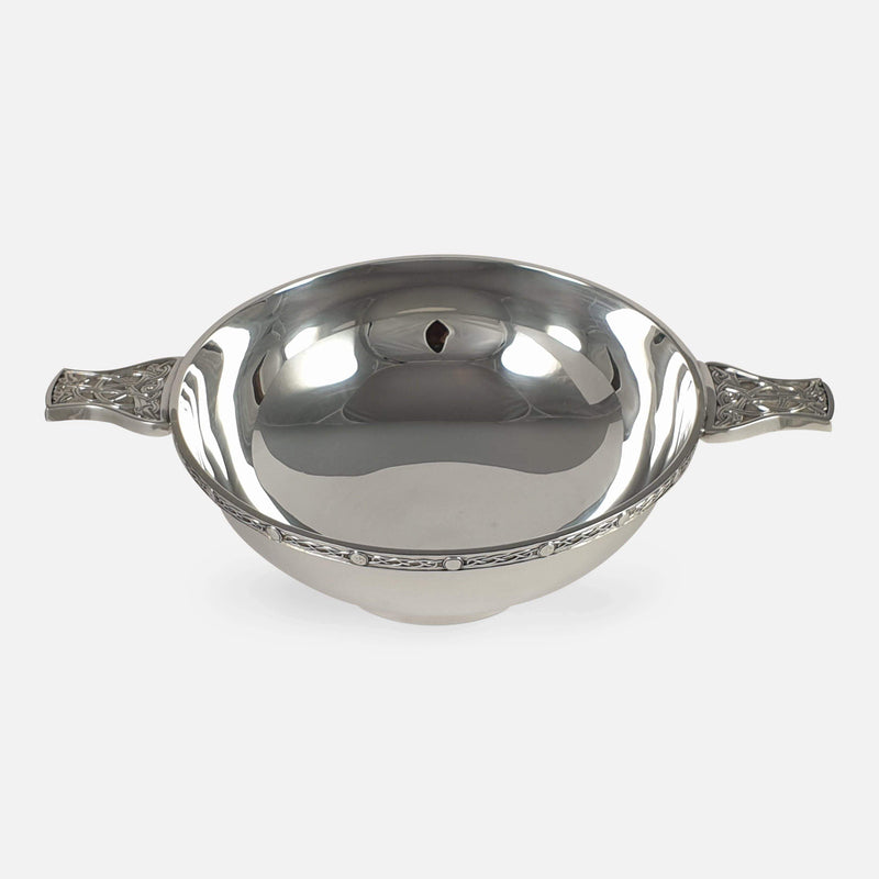 the sterling silver Celtic Style Quaich viewed from a raised position
