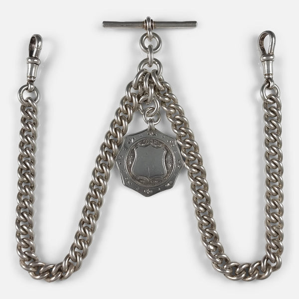 the sterling silver double albert watch chain and fob viewed from above