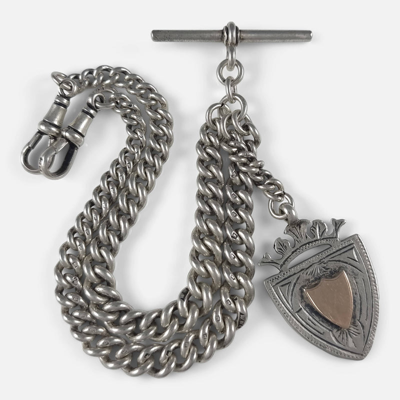 the antique sterling silver double albert watch chain and fob viewed from above