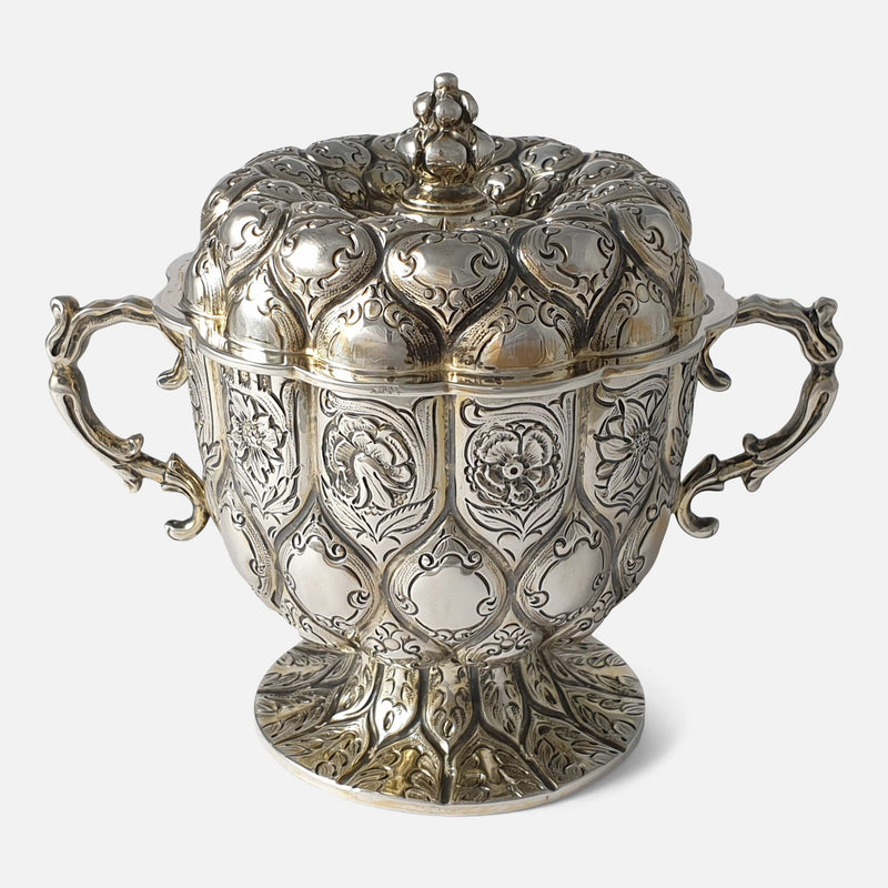 the sterling silver cup and cover viewed from the front