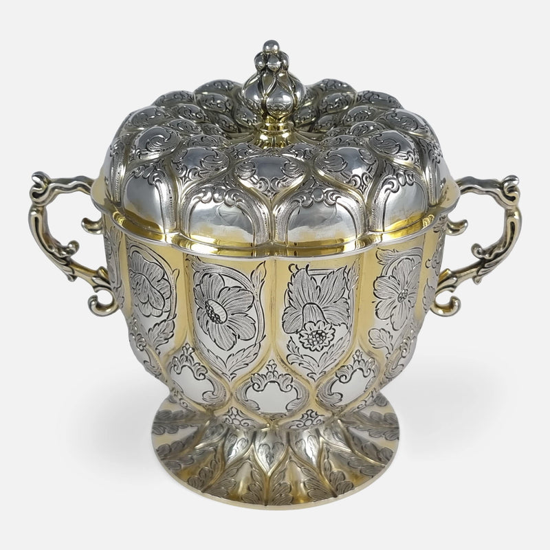 the Sterling silver-gilt cup and cover by Mappin and Webb, viewed from a slightly raised position