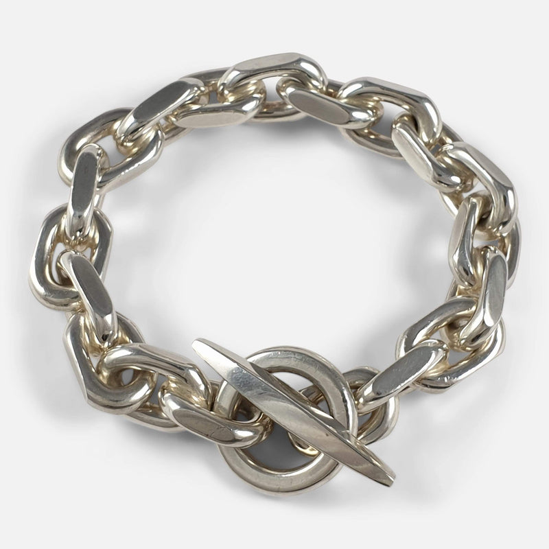 the silver marine link bracelet viewed from above and fastened