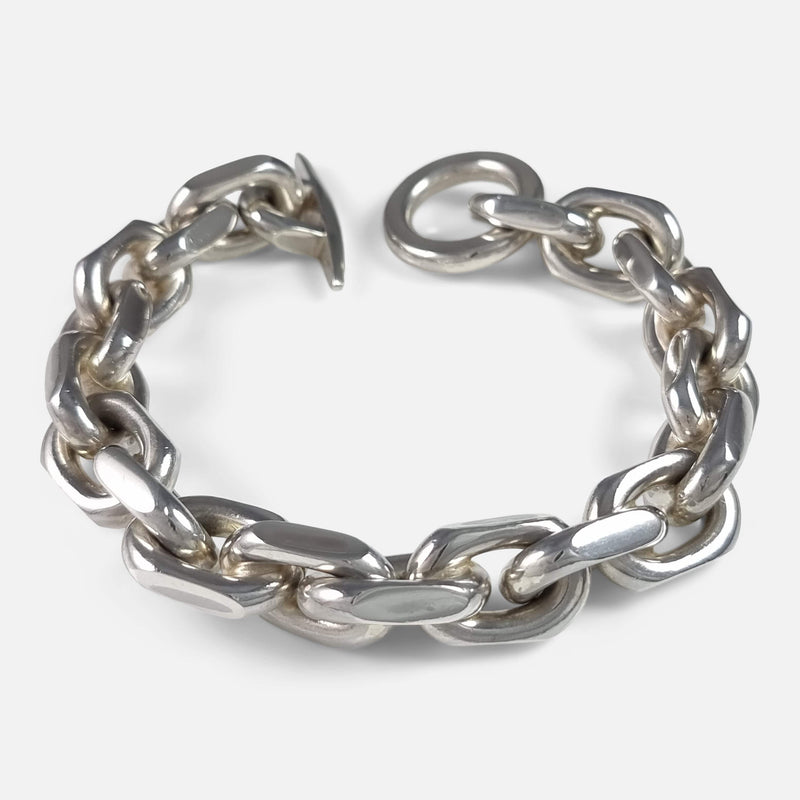 the bracelet viewed from slightly raised position and toggle unfastened