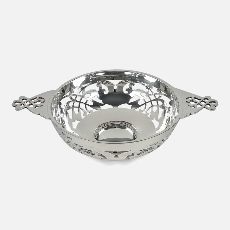 The sterling silver pierced Quaich viewed from a slightly raised position