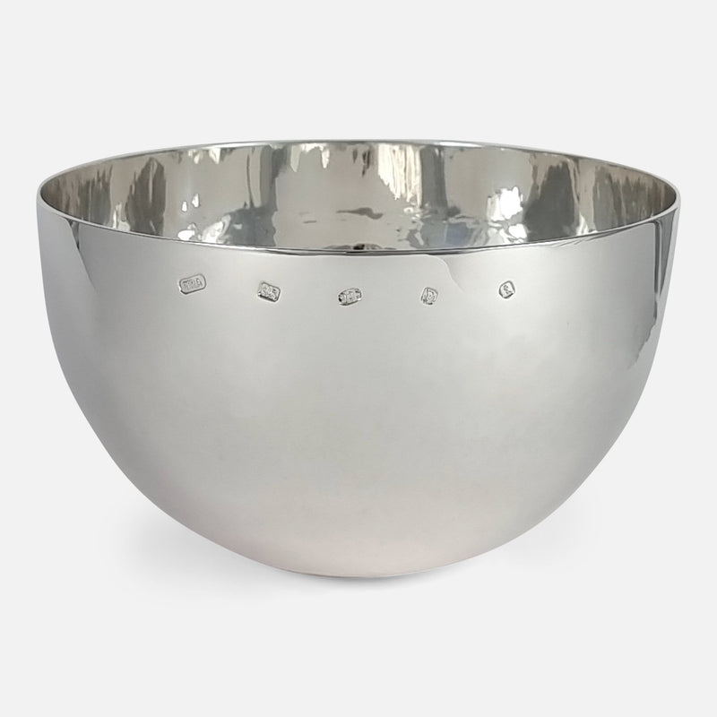 the Elizabeth II sterling silver planished bowl viewed from the front