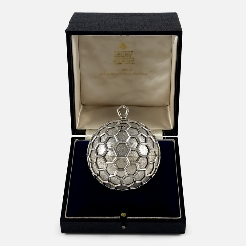 the sterling silver pomander viewed in its box
